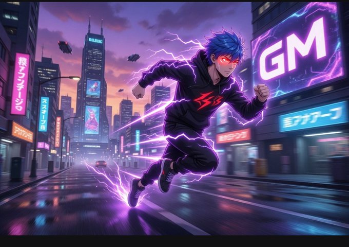 The image features an illustration of a man running through a city at night with lightning bolts coming out of his head, wearing a black hoodie and red shoes. The background shows neon signs for a gaming company called "GQM" along with buildings in the distance. The caption to the image reads "Good morning CT Quantum computing isn't just a research idea anymore @quipnetwork is building a system where CPUs, GPUs, ASICs, and QPUs can work together to solve real optimization problems and rewards are distributed across the network".