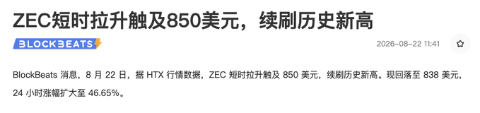 The screenshot is from BlockBeats, reporting on August 22, 2026, that ZEC briefly surged to touch $850, setting a new all-time high, before pulling back to $838, with a 24-hour gain expanding to 46.65%.

This image directly supports the post's lesson about distinguishing noise from real crises in crypto markets—it illustrates the dramatic recovery of ZEC, which had plunged to $250 two months prior due to a vulnerability, now reaching an all-time high of $850, demonstrating how a perceived "crisis" turned into a buying opportunity.