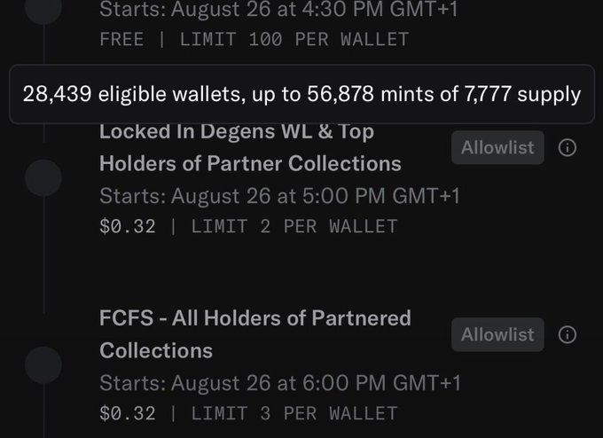 A screenshot showing an NFT mint schedule with phases for 'Locked In Degens WL & Top Holders of Partner Collections' and 'FCFS - All Holders of Partnered Collections' starting on August 26.