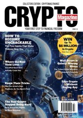The image is the cover of "Crypto Magazine" Issue 14, featuring headlines like "How to Become UNCRACKABLE," "WIN 64 Million in Crypto," and "What Crypto is Google's Favourite?" The accompanying post references a double-page ad in this issue showcasing European Global Awards with the slogan "If it's not Liquid it's not worth it," likely relating to the "What Crypto is Google's Favourite?" feature.