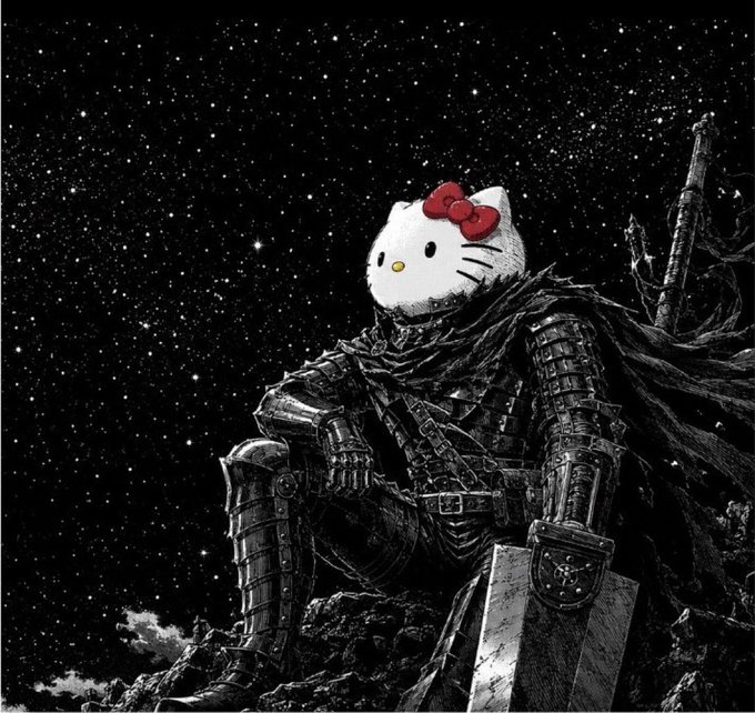 A creative edited image featuring a Hello Kitty head with a red bow superimposed onto a dark medieval knight in black armor, sitting on rocky terrain against a starry night sky holding a sword.
