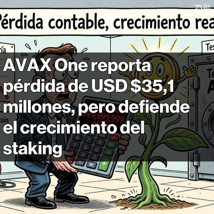 The image is a cartoon illustration showing a worried man holding a calculator next to a smiling coin character growing like a plant, symbolizing financial figures and growth. The visible text reads: "Pérdida contable, crecimiento rea..." (top banner) and "AVAX One reporta pérdida de USD $35,1 millones, pero defiende el crecimiento del staking" (main caption).

The illustration visually reinforces the accompanying post about AVAX One's $35.1 million quarterly loss, with the distressed man and calculator representing the accounting loss, while the thriving coin-plant symbolizes the company's defense of its staking revenue growth ($2.8M) and the 95% of AVAX assets held in staking.