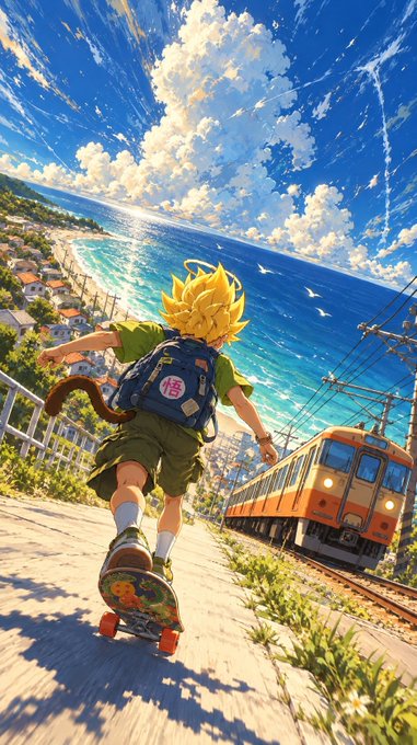 Anime-style artwork depicts a character with blonde hair, a tail, and a backpack riding a skateboard down a path toward a train, with a beach and town visible in the background.