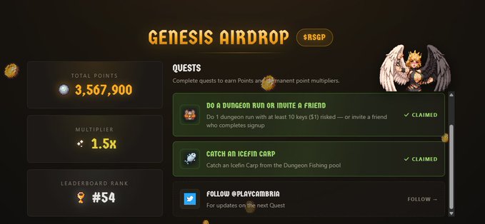 A 'GENESIS AIRDROP' dashboard for $RSGP displays 3,567,900 total points, a 1.5x multiplier, leaderboard rank #54, and completed quests for dungeon runs and catching an Icefin Carp.