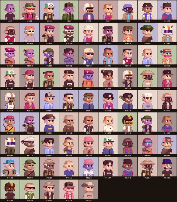 A grid of various pixel-art character avatars, likely NFT collectibles, each numbered (e.g., #92, #152, #349) and featuring diverse hairstyles, skin tones, and accessories like hats and sunglasses.