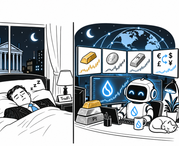 A split illustration showing a man sleeping in bed at night on the left, while an AI robot works at a desk on the right, trading gold, silver, platinum and currencies under a globe.
