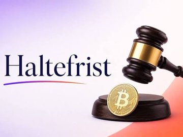 A gavel rests on a sound block beside a Bitcoin coin, with the German word "Haltefrist" (holding period) prominently displayed in the background. The image symbolizes the German government's plan to scrap the one-year tax-free holding period for crypto gains, making all Bitcoin sales taxable regardless of how long they've been held.