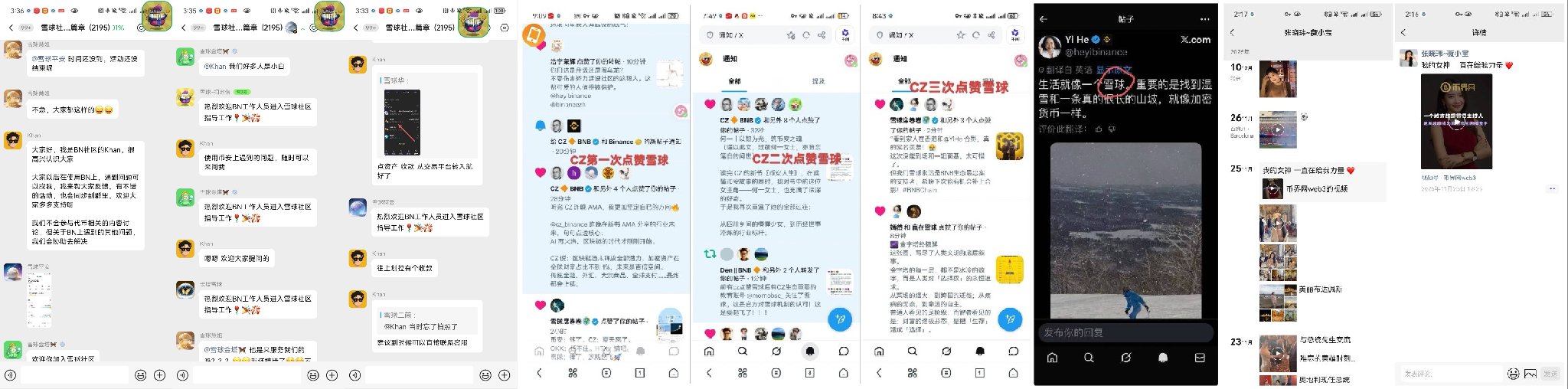 A collage of Chinese social media screenshots from platforms like Twitter/X and Weibo, showing posts about CZ and Binance, including mentions of snowboarding and various influencers.
