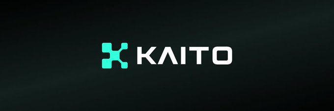 The image features a logo for a company named "Kaito". It consists of a black banner with white text that reads "Kaito" at the top, followed by a green "X" symbol below it. The background color of the banner is black, and there are two small icons in the bottom left corner - one being a blue circle and the other a green triangle. The image also includes a caption that says "CT just can'nt stop talking about @KaitoAI again... The timeline is heating up. Is the Kaito era making a comeback? Or is it finally time to start the yapping all over again?".