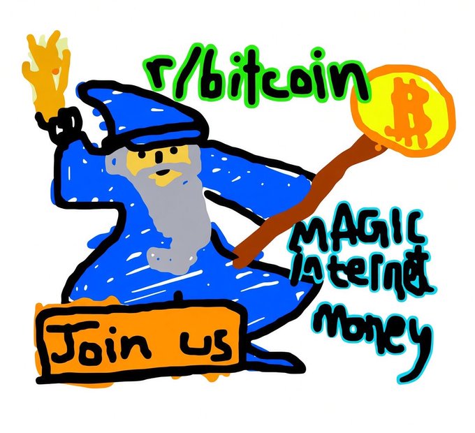 A cartoon drawing of a wizard-like figure in a blue robe and hat holding a Bitcoin-tipped staff, with text reading 'r/bitcoin MAGIC INTERNET MONEY Join us'.