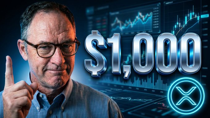 An elderly man wearing glasses with a blue shirt pointing at the number 1,000. In front of him there's an advertisement promoting XRP for $1,000.