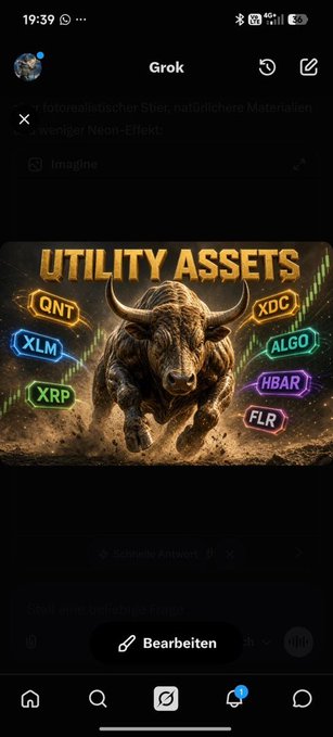 A screenshot from the Grok app shows an AI-generated image titled 'UTILITY ASSETS' featuring a charging bull surrounded by cryptocurrency tickers including QNT, XDC, XLM, ALGO, XRP, HBAR, and FLR.