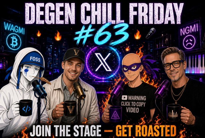 A promotional graphic for 'DEGEN CHILL FRIDAY #63' featuring stylized illustrations and photos of podcasters holding mugs in a neon-lit studio setting, with text 'JOIN THE STAGE - GET ROASTED', 'FOSS', 'WAGMI', 'NGMI', and a 'WARNING: CLICK TO COPY VIDEO' element.