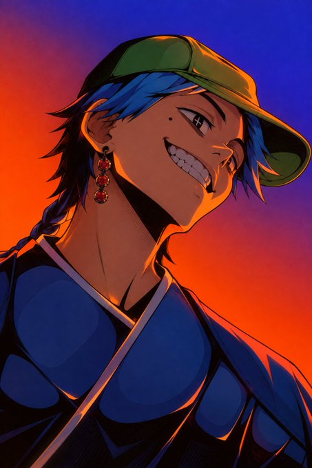 A confident, anime-style character with blue hair, a green cap, and dangling red earrings grins broadly against a vibrant orange-purple sunset, embodying the carefree, mischievous energy of the "you call it chaos, I call it a good day" morning greeting to the 𝕏-Family.