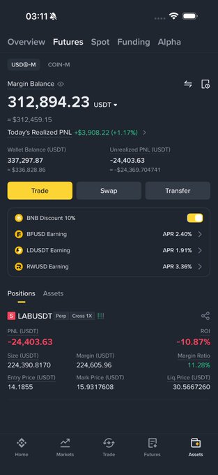 The image shows a cell phone screen displaying information about trading positions at Lab exchange. There are several positions listed, including one being held by someone who has recently executed an order for $14.2. The remaining positions show a variety of levels from $0.15 to $1.49, which indicates the current state of the market. A post has been shared with a caption stating that Lab updates its positions and shows trading data on the screen in real time.