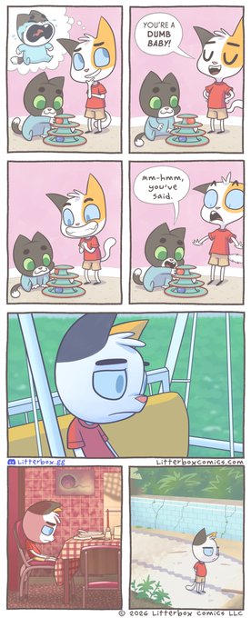 The image consists of a series of comic strips, each featuring a cat as the main character. The first panel shows two cats sitting at a table with plates of food, while the second panel depicts one cat eating from another cat's plate. The third panel features a cat on a swing set, and the fourth panel shows a cat sitting in front of a window. In the post, there is text that reads "You're not alone. We've got you covered." This suggests that the image is related to a comic strip about cats and their adventures with food or playtime.