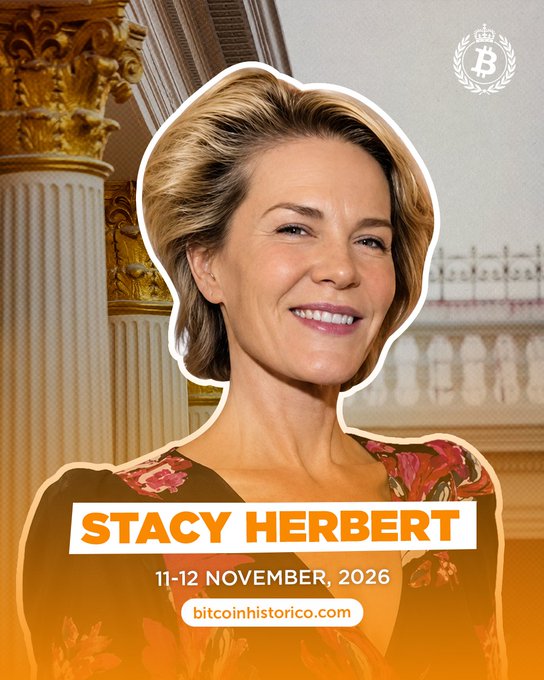 A promotional graphic features a smiling woman with short blonde hair, labeled 'STACY HERBERT' with dates '11-12 NOVEMBER, 2026' and the website 'bitcoinhistorico.com'.