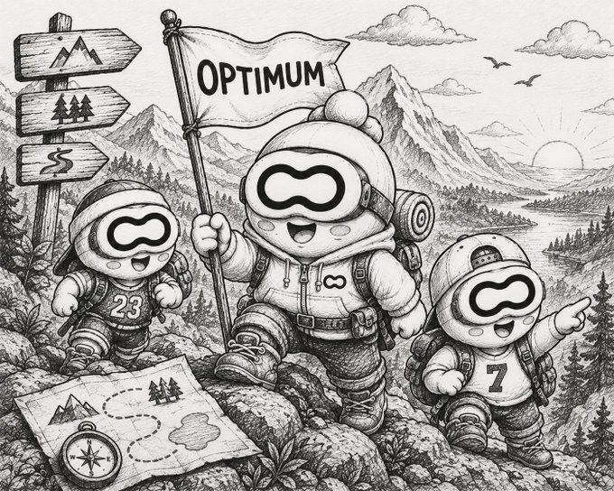 A black-and-white pencil-style illustration of three cartoon adventurer characters in winter gear; the central figure holds a flag reading "OPTIMUM" beside a mountain scene with a map and compass.