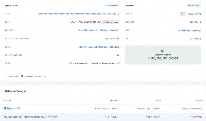 A XRPL/Xaman transaction receipt screenshot showing an Escrow Finished transaction of 100,000,000,000,000 XRP (X 100,000,000,000.000000) with result tesSUCCESS.