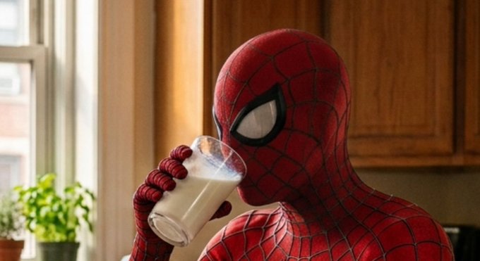 Spider-Man in his iconic red and blue suit drinks a glass of milk in a sunlit kitchen, whimsically reflecting the post's hype of "going all in" on $MMBND by showing the hero fueling up before his next big move.