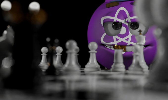 The image features a purple character with an "X" for eyes, positioned behind a chess board filled with white pieces. The character appears to be playing against a black background, which contrasts with its purple color. The post also includes the text "XPRomotion ( ♔)".