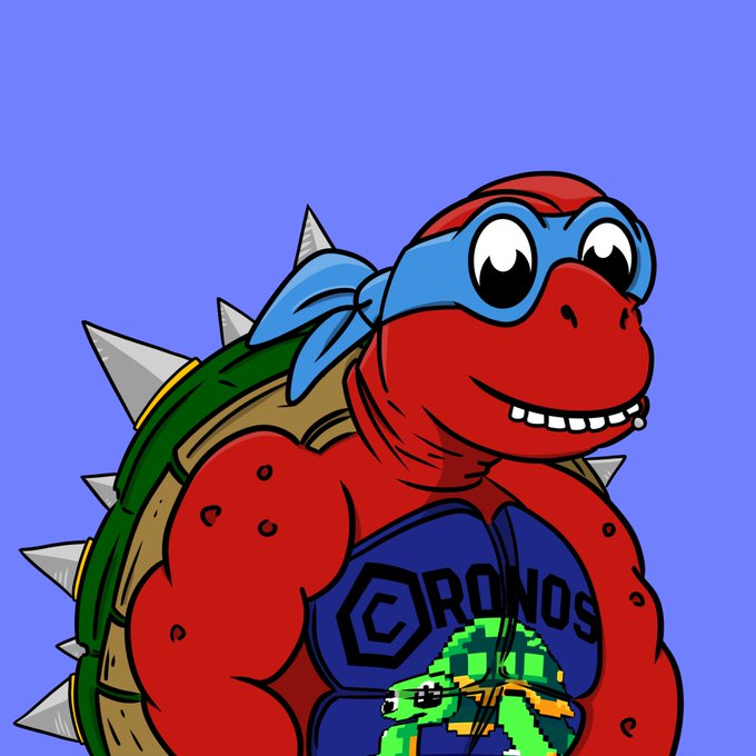 A cartoon illustration of a muscular red turtle character wearing blue goggles and a shirt with 'CRONOS' branding, with a pixelated green turtle logo on the chest against a blue background.