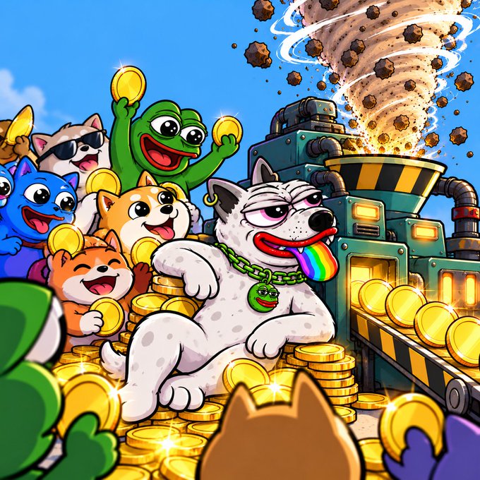 A vibrant cartoon illustration shows a white bulldog wearing a gold chain and a frog medallion lounging on a heap of gold, accompanied by various animal characters including a frog and cat, near a machine blowing a tornado of coins.