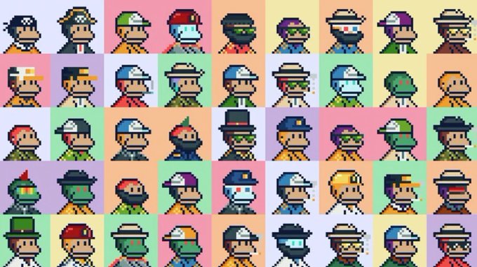 A grid of pixel art CryptoPunks characters featuring various attributes like hats, glasses, and different skin tones on colorful backgrounds.