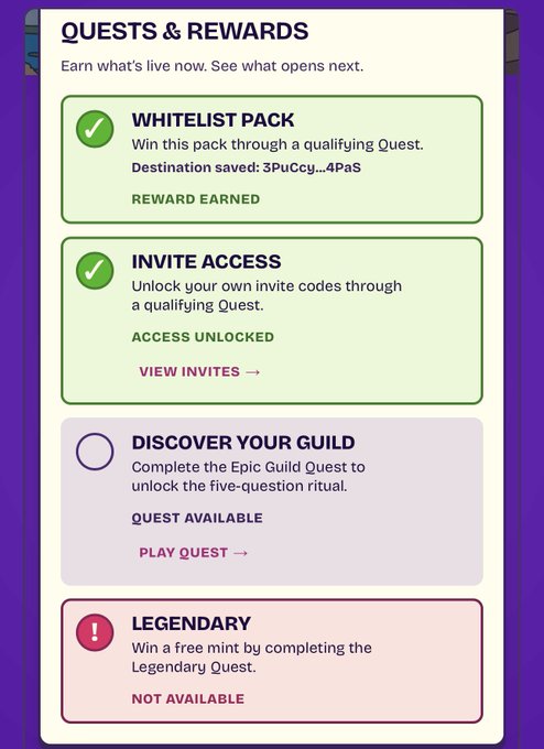 A mobile app screen titled 'QUESTS & REWARDS' showing completed tasks for 'WHITELIST PACK' and 'INVITE ACCESS', with available 'DISCOVER YOUR GUILD' quest and locked 'LEGENDARY' quest.