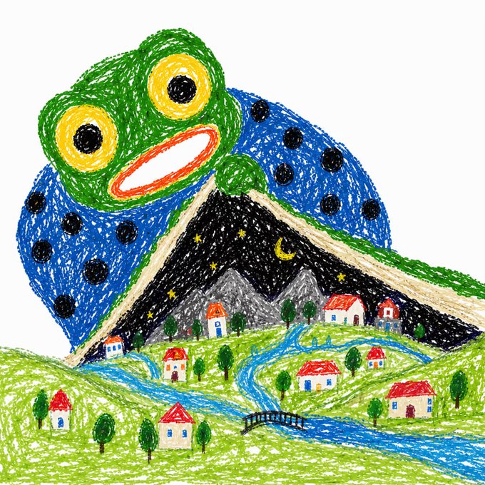 A colorful child's drawing depicting a large green frog with yellow eyes against a starry blue night sky, standing over a landscape with houses, trees, and a bridge.