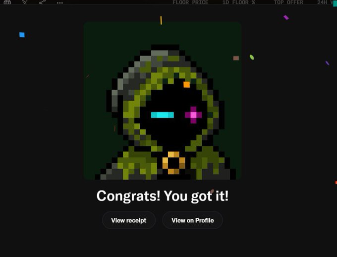 A digital NFT-style pixel art character in a green hooded jacket with the message 'Congrats! You got it!' and buttons for 'View receipt' and 'View on Profile'.