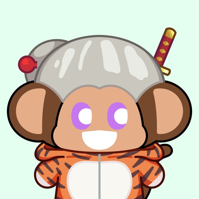 A cute cartoon chimpanzee NFT character wearing a silver helmet, a red hair accessory, and a tiger-striped orange jacket, holding a katana behind its head. The image represents one of the 5,555 Chimpers NFTs, with the character's unique accessories (helmet and sword) suggesting it could be one of the rare 1/1 Genesis Chimpers.
