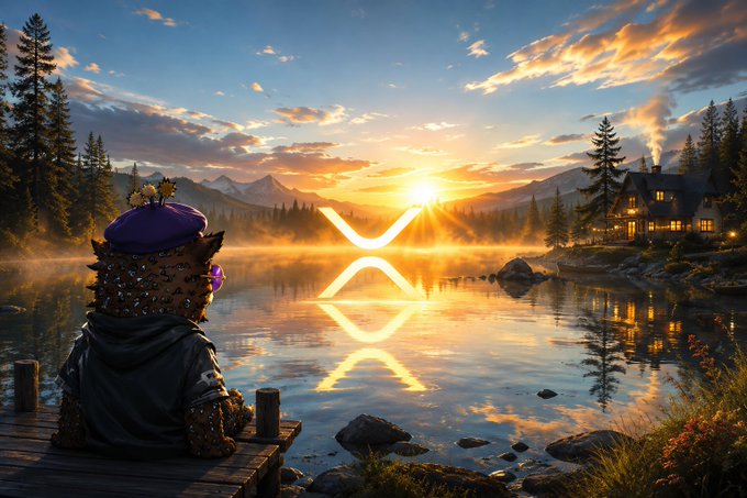 A digital artwork featuring a character wearing a beret and crown sitting on a dock, gazing at a glowing XRP logo reflected in a lake at sunset.