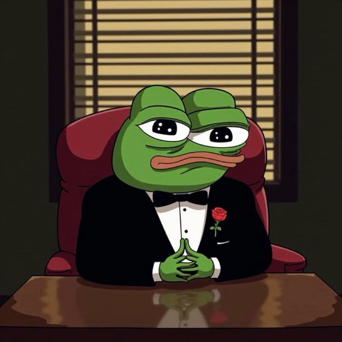 A digital illustration of the Pepe the Frog meme character dressed in a tuxedo with a bow tie and red rose boutonniere, sitting at a desk with hands clasped.