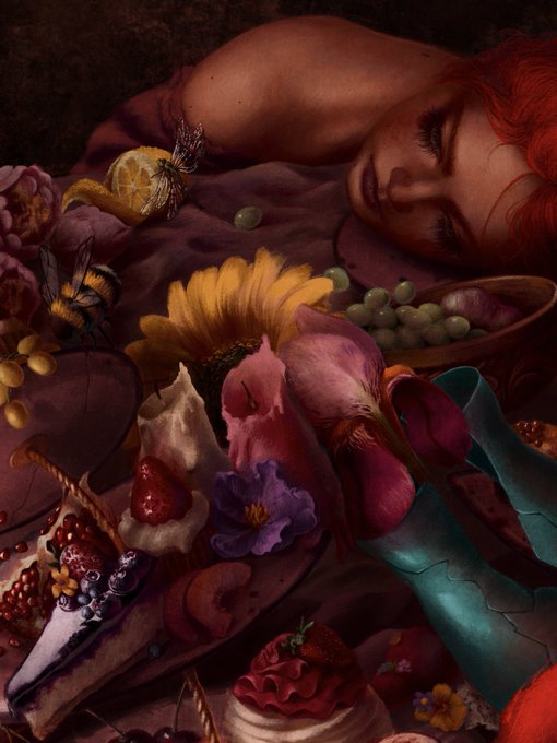 A red-haired figure sleeps serenely behind an extravagant still life of sunflowers, fruits, flowers, and bees in this richly detailed painting. The image matches the caption's dreamy, imaginative tone—evoking a surreal, sensual daydream where nature's abundance envelops a peaceful slumbering subject.
