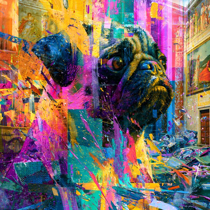 A vibrant, colorful pop-art style painting of a pug dog with abstract splashes of pink, yellow, blue, and green paint.