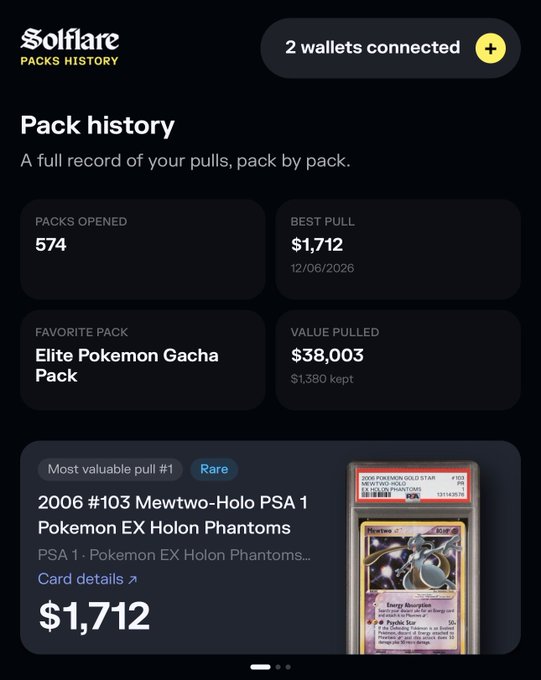 A 'Solflare Packs History' screen showing 'Pack history' stats including '574' packs opened, a 'Best Pull' of $1,712, and a featured '2006 #103 Mewtwo-Holo PSA 1 Pokemon EX Holon Phantoms' card valued at $1,712.