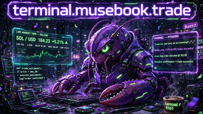 A digital illustration of a purple robotic creature with glowing green eyes working at multiple computer monitors in a cyberpunk setting, with text reading 'terminal.musebook.trade', 'LIVE MARKET TAPE - SOL/USD', 'SOL / USD 184.23 +5.21%', and 'CHANNEL — #TRADING'.