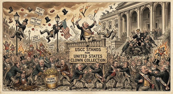 A chaotic, satirical illustration depicts a raucous crowd of caricatured politicians and clowns surrounding a podium labeled "USCC STANDS FOR UNITED STATES CLOWN COLLECTION," with figures carrying signs reading "USCC = CHAOS," "DOWN WITH THE COLLECTION," "CLOWN RULE," and a "PORK BARREL," alongside banners marked "CORRUPTION."

This image directly promotes the launch of the "USCC" (United States Clown Collection) cryptocurrency meme coin, using the political satire aesthetic to market the community-driven token dropping on August 9th.