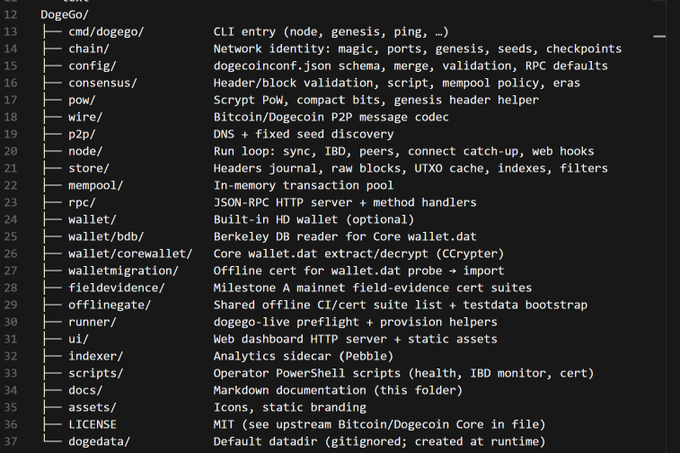 The image displays the directory structure of the DogeGo project, a full Dogecoin node implementation, with folders such as cmd/dogego, chain, consensus, pow, wire, and p2p, each accompanied by brief descriptions of their functions like network identity, header/block validation, scripting, and DNS & fixed seed discovery. The accompanying post highlights this as showcasing the code structure for a faster Dogecoin node.