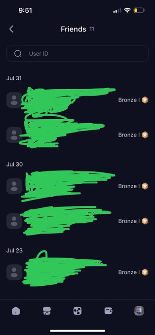 A mobile app screen titled 'Friends 11' showing a list of users with their names obscured by green scribbles, all marked as 'Bronze I' across dates Jul 23, Jul 30, and Jul 31.