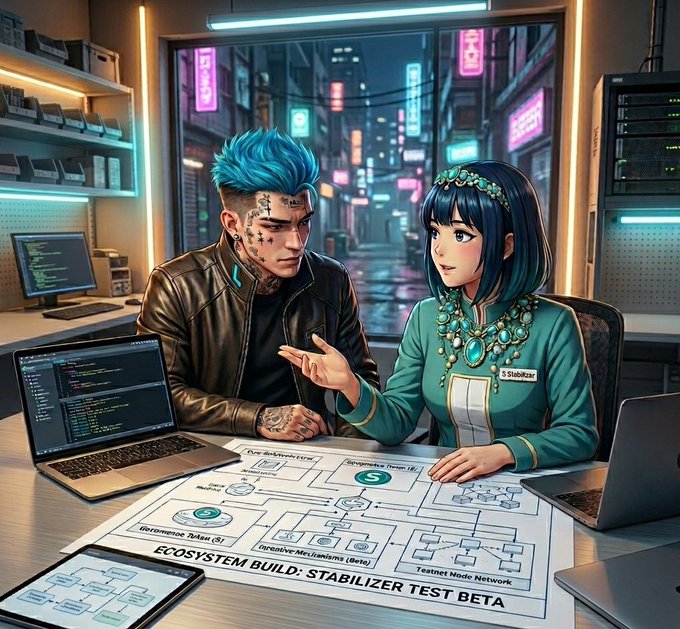 A digital illustration of two cyberpunk-styled characters—a blue-haired tattooed man in a black leather jacket and a dark-haired woman wearing teal clothing with elaborate turquoise jewelry—collaborating on a project labeled 'ECOSYSTEM BUILD: STABILIZER TEST BETA' with a laptop showing code and a city street scene visible in the background.