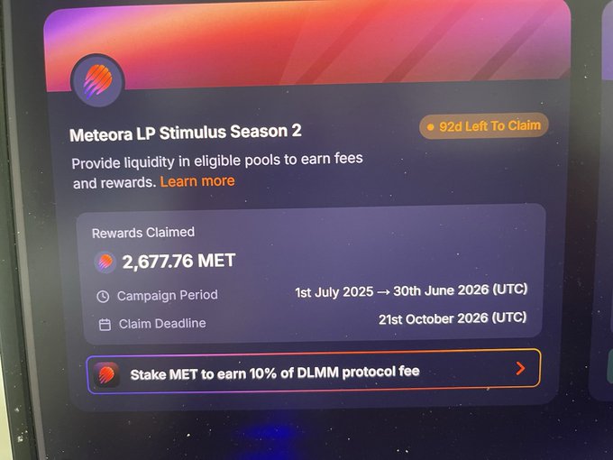 A screen shows the 'Meteora LP Stimulus Season 2' interface, displaying 2,677.76 MET rewards claimed, with a campaign period from 1st July 2025 to 30th June 2026.