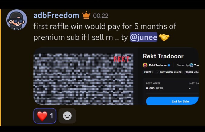 A Discord message from user "adbFreedom" discussing selling a raffle win to pay for premium subscription, accompanied by a blurred NFT image labeled "Rekt Tradoor" listed at 0.085 WETH.