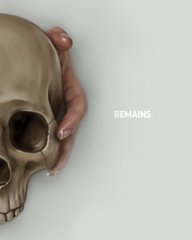 A surreal image of a hand gripping a golden skull against a plain wall, with the word 'REMAINS' written beside it.