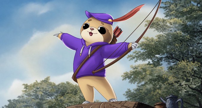 A cheerful otter mascot dressed in a purple hoodie and cap stands triumphantly atop a wooden log, drawing a bow with an arrow, set against a bright blue sky and lush green trees. The mascot's adventurous pose symbolizes DEGEN's growth and bold journey within the Base ecosystem, mirroring the post's message about the token's expanding role and dedicated community.