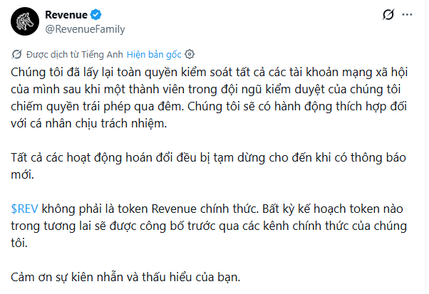 A tweet from Revenue (@RevenueFamily) in Vietnamese announcing they have regained control of all social media accounts after a team member's credentials were compromised overnight, pausing all refund activities and warning that $REV is not an official token.