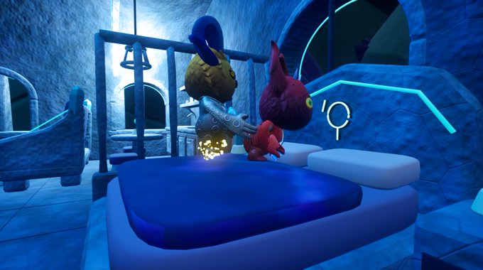 Screenshot from a 3D video game featuring stylized bird-like characters sitting on a blue bed in an icy room, one holding a glowing yellow object.
