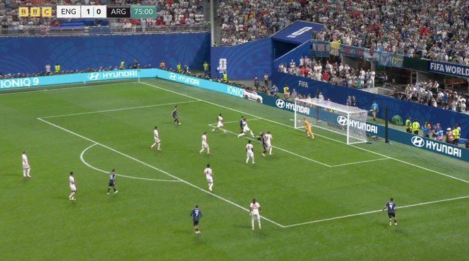 BBC shows England leading Argentina 1-0 at the 75:00 mark during a FIFA World Cup match, with Pickford (England's goalkeeper) positioned in the goal making one of his three crucial saves to keep Argentina from scoring.