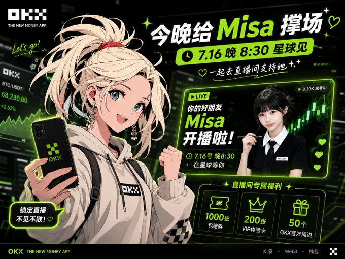 A promotional graphic for OKX cryptocurrency exchange featuring an anime-style character holding a phone, alongside a live stream announcement for 'Misa' scheduled for 7.16 at 8:30, with offers including '1000张 包邮券' and '50个 OKX官方周边'.